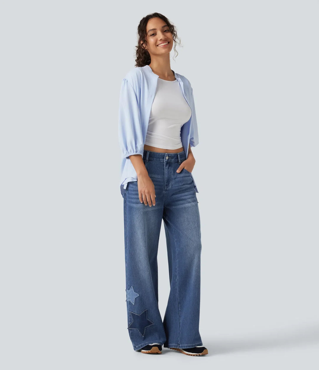 Halara Flex med hög midja baggy broderi vardagsjeans med fickor