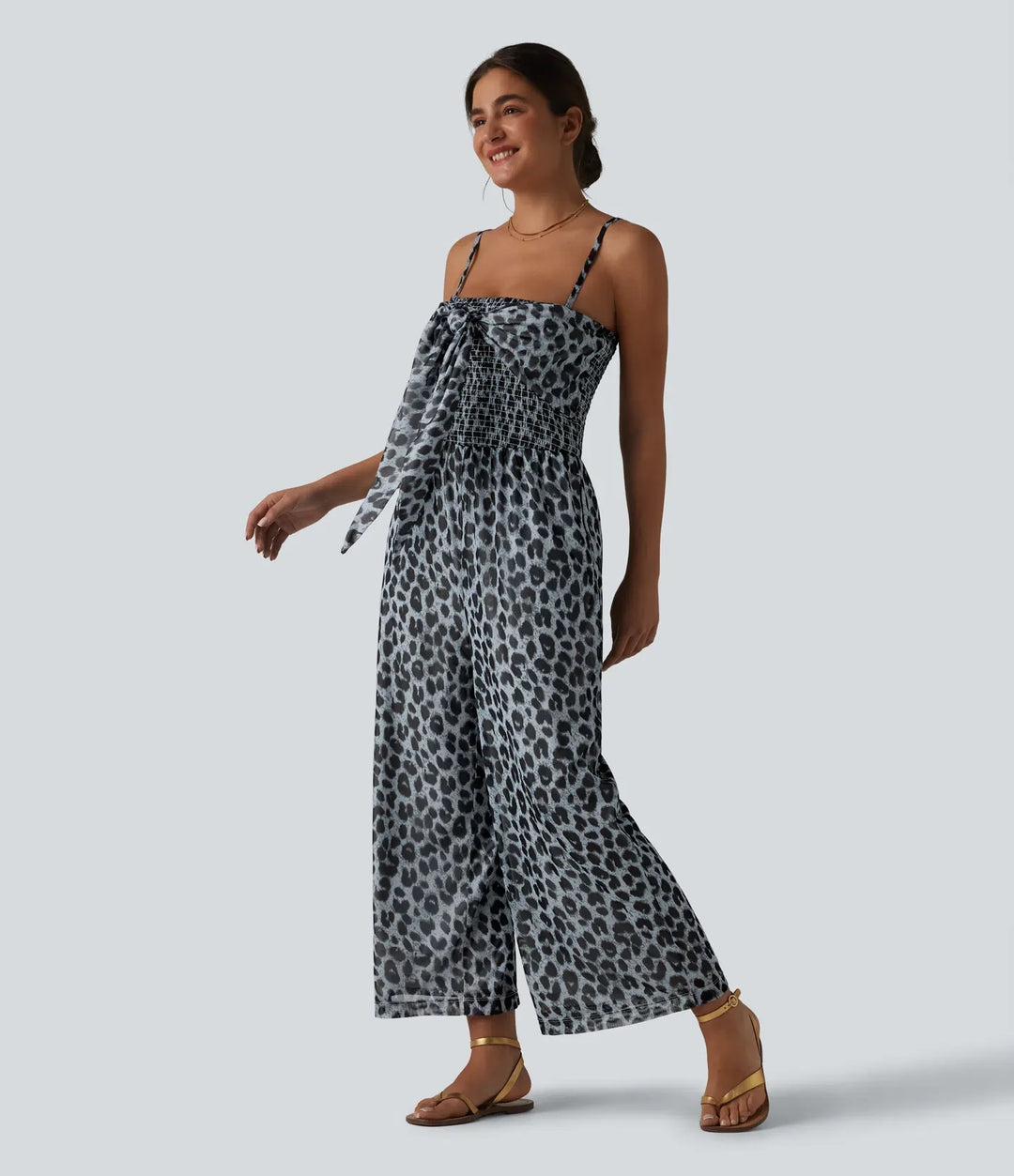 Knytning fram smockad leopard mesh vardaglig slip baggy jumpsuit med fickor