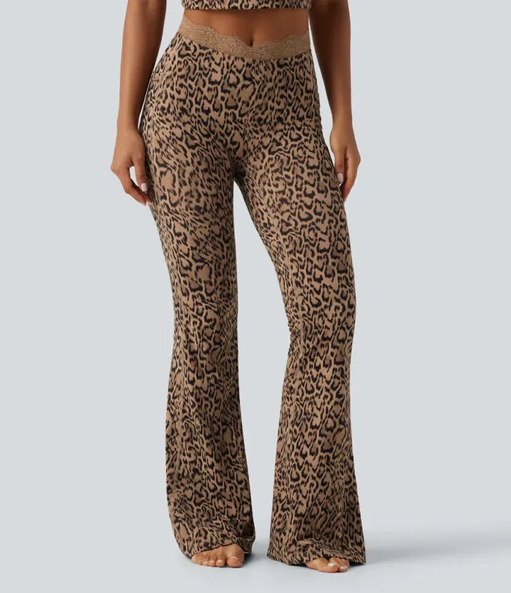 Halara UltraSculpt leopardmönstrad V-formad med hög midja kontrastspets yoga utsvängd leggings med fickor