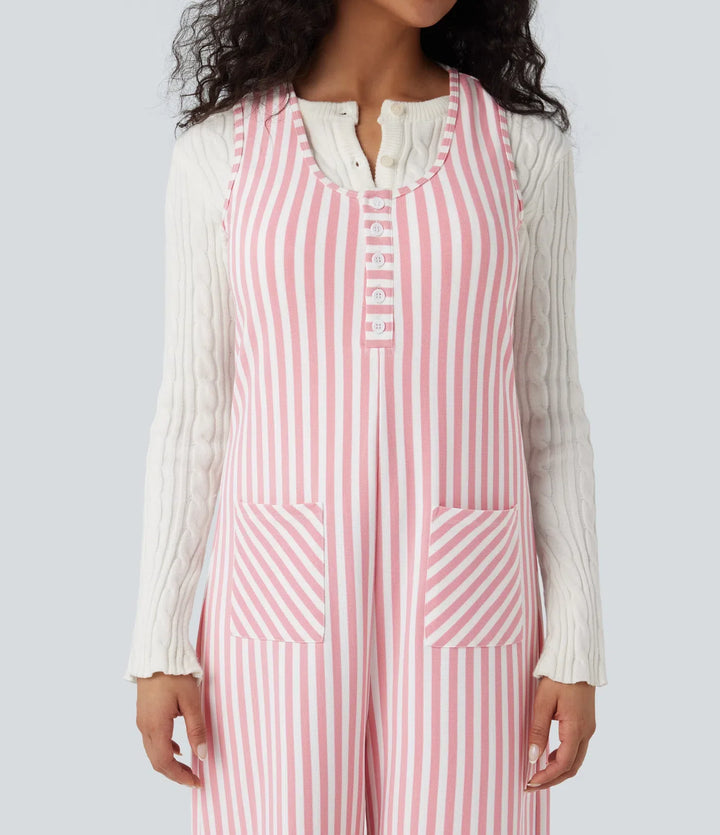 U-ringad ärmlös randig våffelstruktur vardaglig jumpsuit med fickor