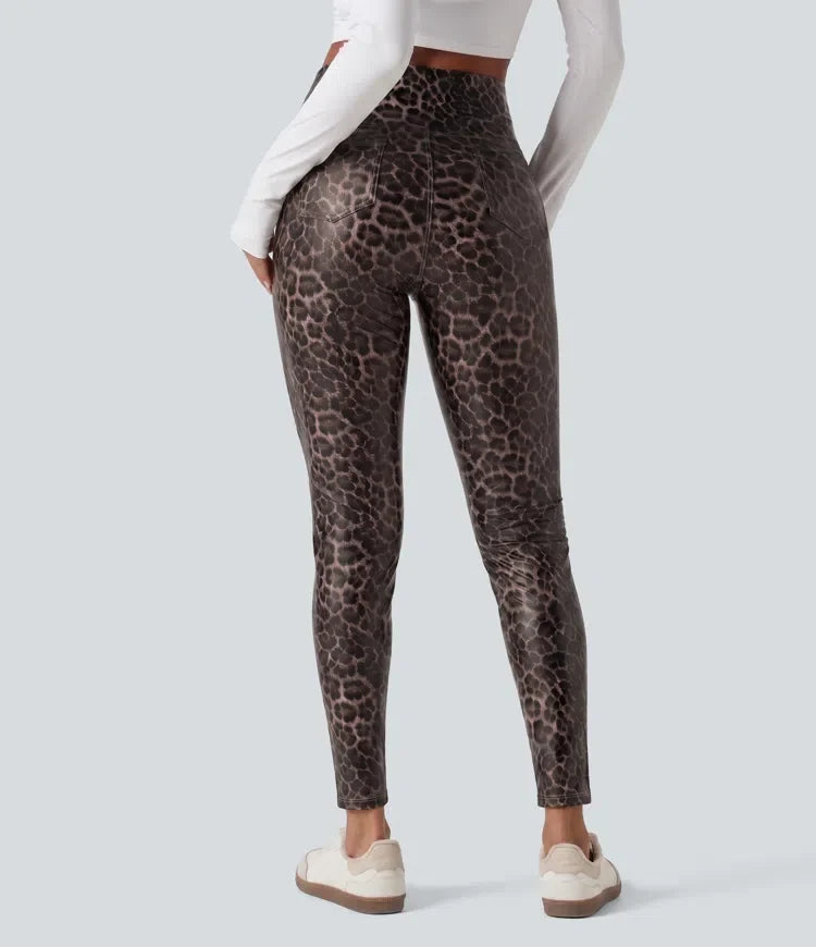 Med hög midja och magkontroll stretchig PU leopardmönstrad smal vardagsleggings med fickor