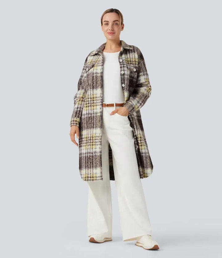 Långärmad rutig lång modell vardaglig sherpajacka med fickor