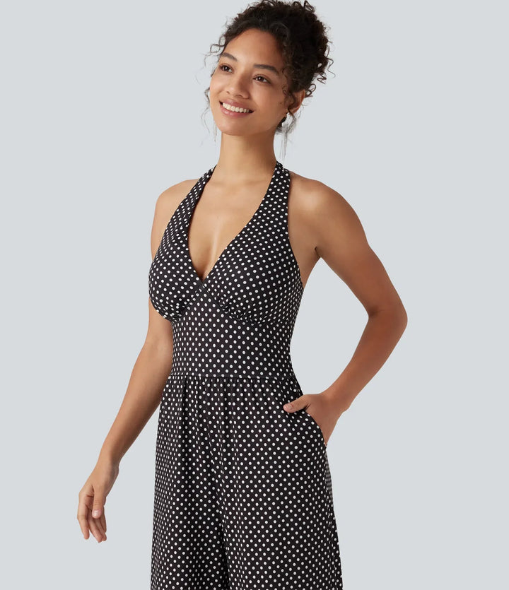 Halterneck ärmlös rygglös inbyggd BH prickig mönster resortjumpsuit med fickor-Easy Peezy