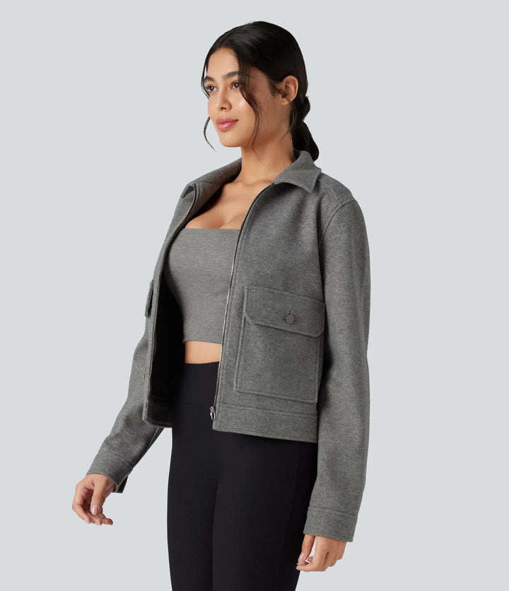 Långärmad dragkedja fleece vardaglig jacka med fickor