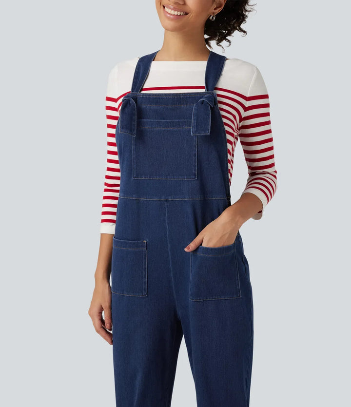 Lyckera Flex denim fyrkantig halsringning ärmlös avsmalnande vardaglig jumpsuit med fickor