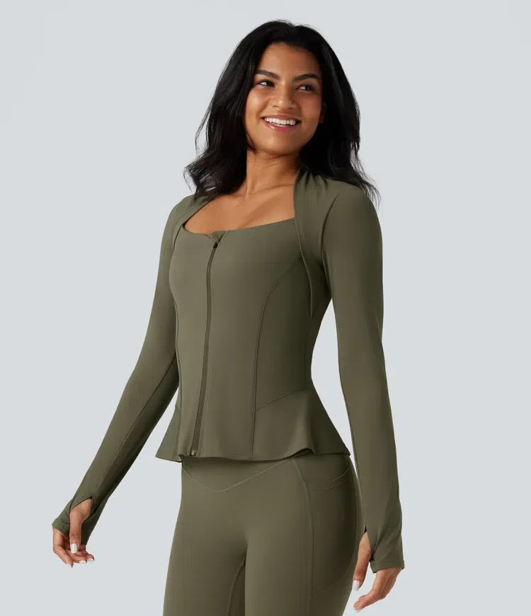 Lyckera UltraSculpt push-upp långärmad tumhål dragkedja volangfåll yoga kurvig jacka