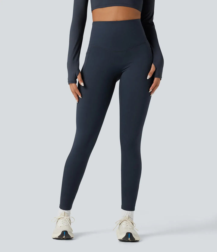 Halara Ultrasculpt Heat med hög midja och magkontroll omlott bak fleece löparleggings med fickor