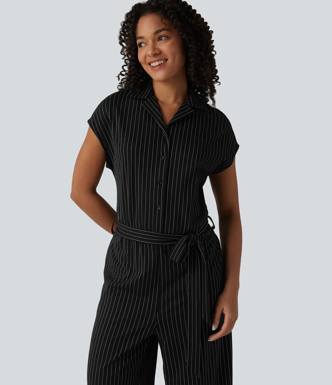 Kortärmad bältad randig InstantCool arbetsskjorta jumpsuit med fickor-Easy Peezy Edition