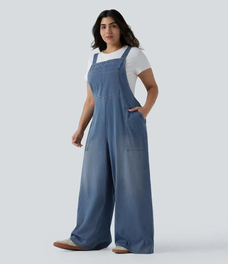 Plusstorlek Halara Flex fyrkantig halsringning tvättad denim hängselbyxor för vardag med fickor