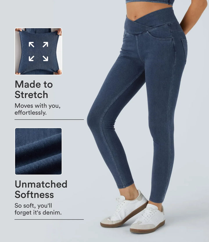 Halara Flex med hög midja, omlottmidja och fickor denim leggings för arbete