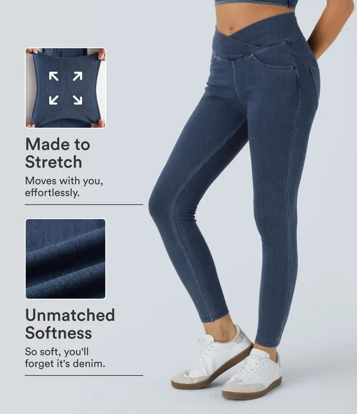 Halara Flex med hög midja, omlottmidja och fickor denim leggings för arbete