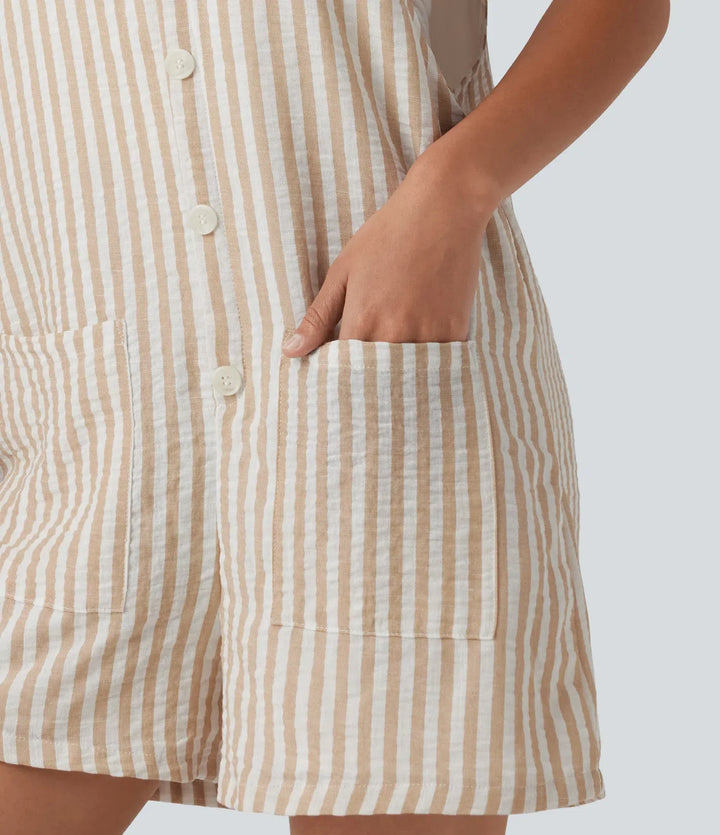 Knuten rem randig vardaglig linnekänsla kort overall med fickor
