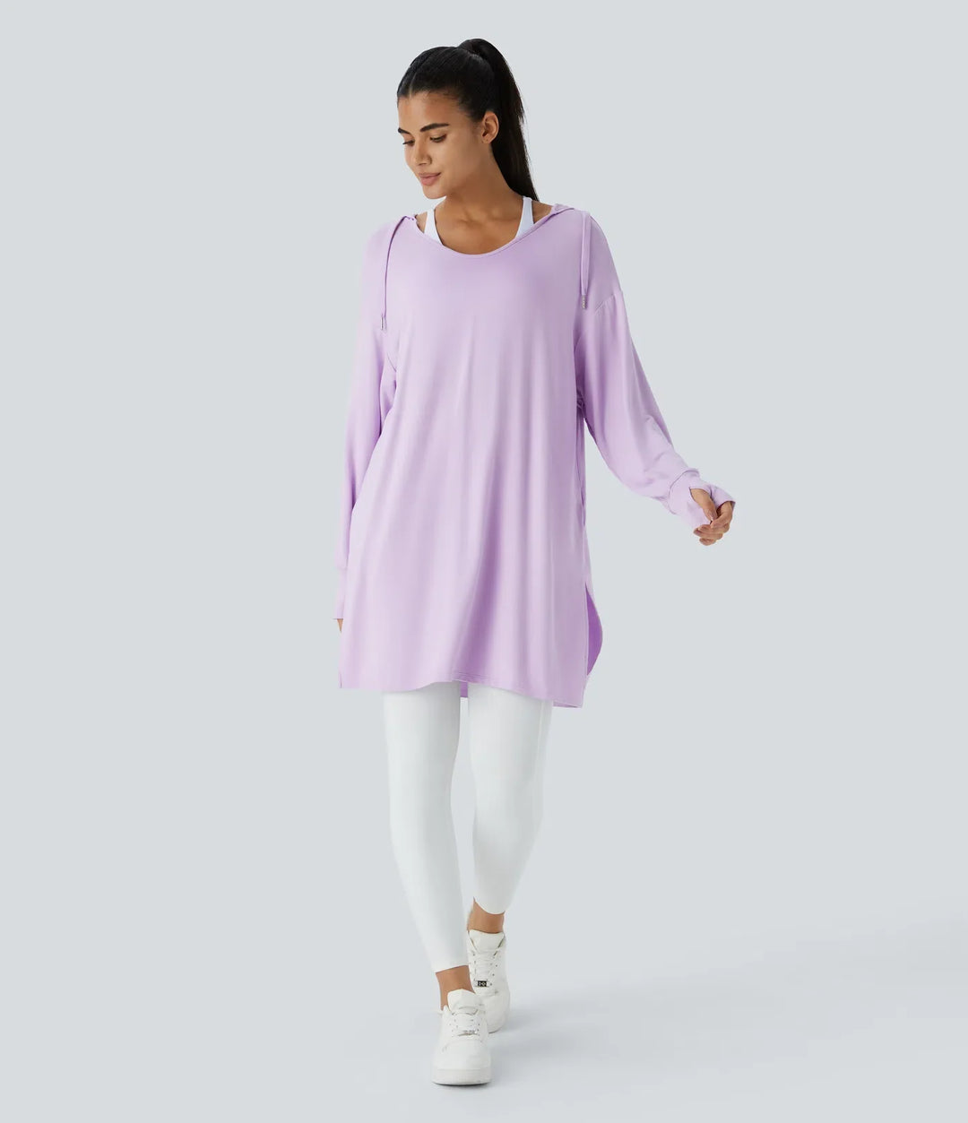 Med huva V-ringad dragsko tumhål lång modell vardaglig sweatshirt
