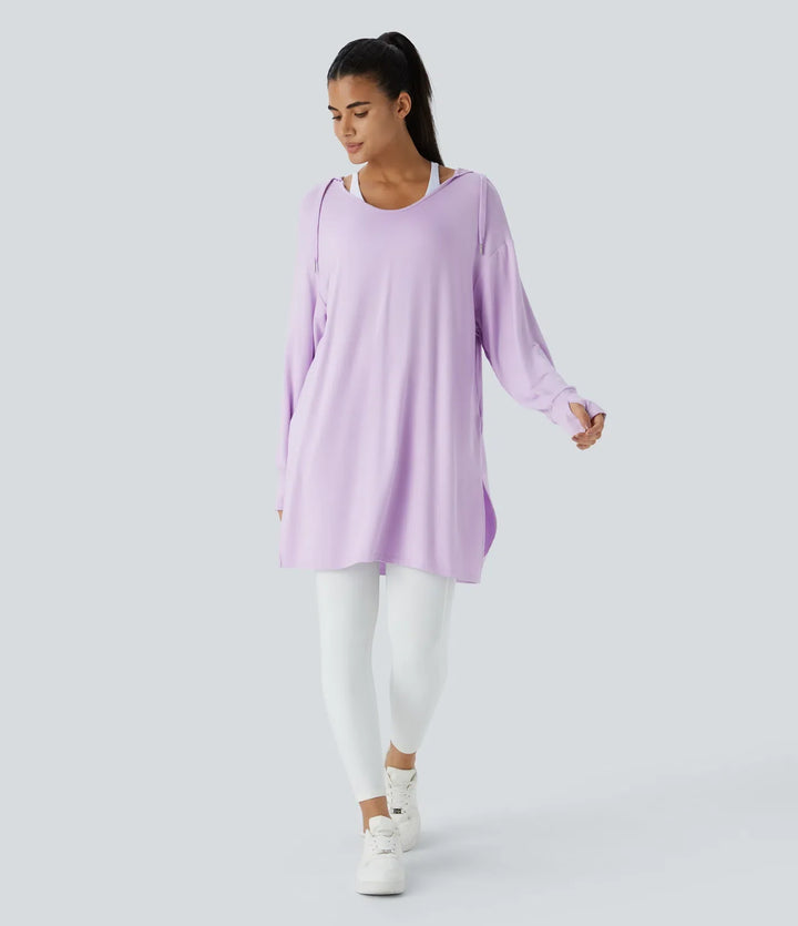 Med huva V-ringad dragsko tumhål lång modell vardaglig sweatshirt