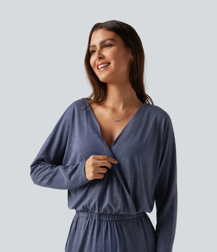 V-ringad långärmad arbetsjumpsuit med fickor