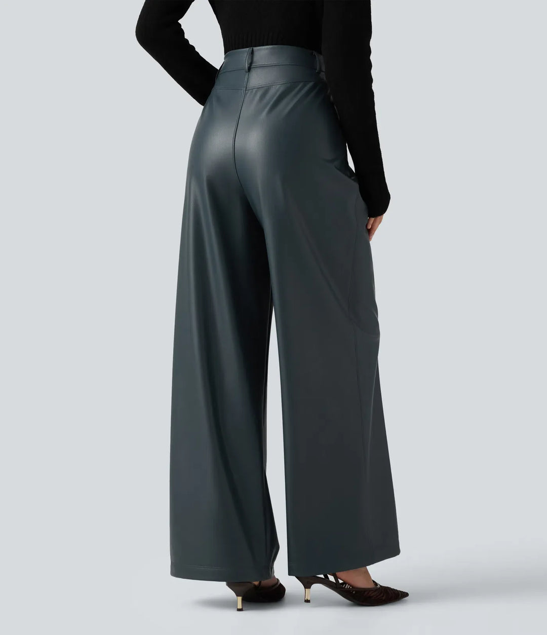 Med hög midja vida ben stretchig PU fleece vardagsbyxor med fickor