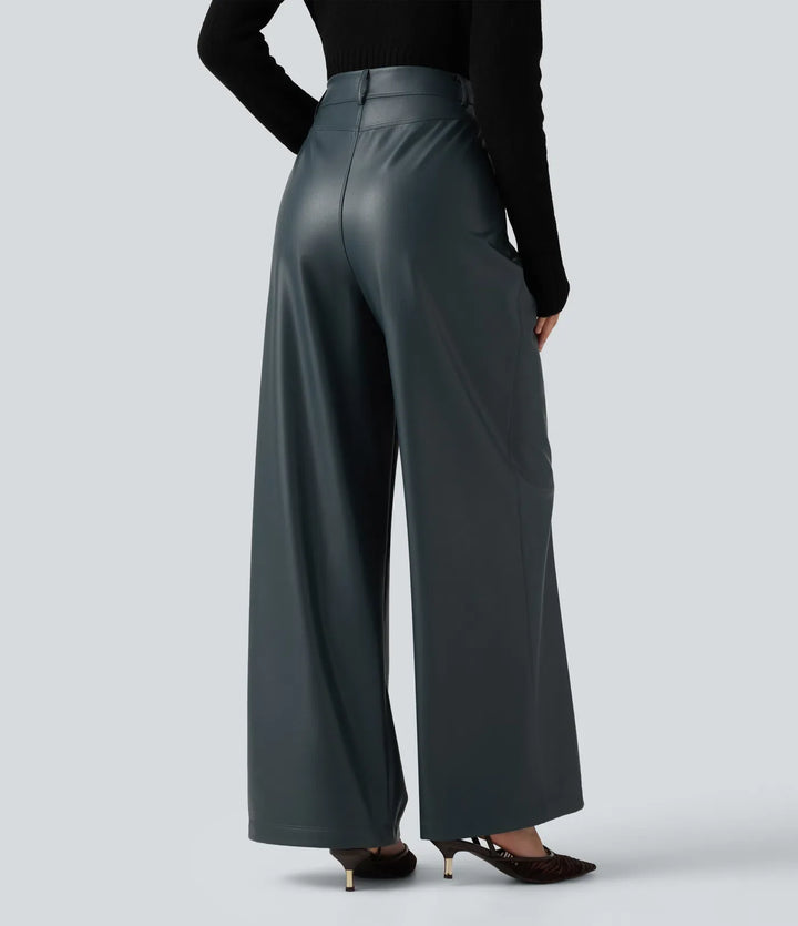 Med hög midja vida ben stretchig PU fleece vardagsbyxor med fickor