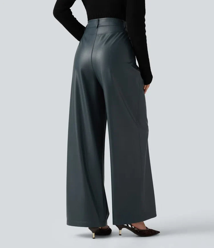 Med hög midja vida ben stretchig PU fleece vardagsbyxor med fickor