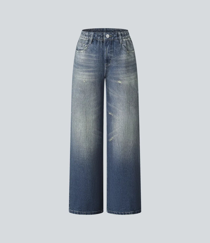 Medelhög midja denim mönster frotté vardaglig mjukisbyxor jeans med fickor