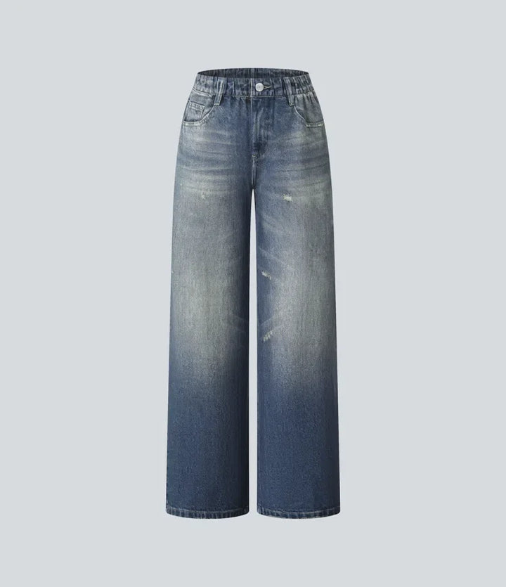 Med medelhög midja denim tryck French terry för vardag mjukisbyxor jeans med fickor