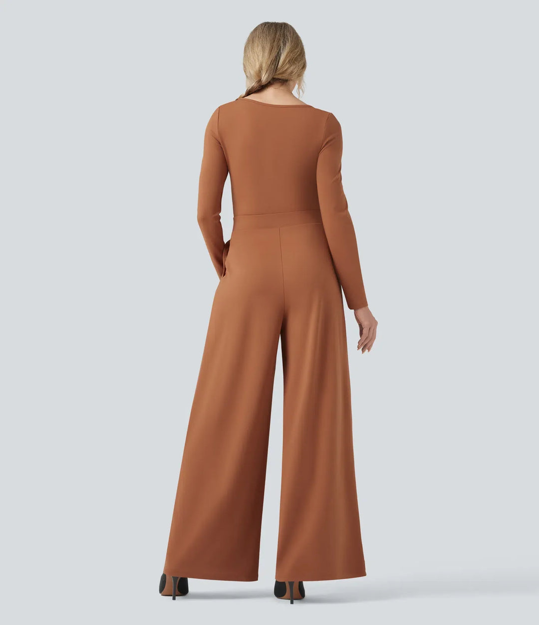 U-ringad långärmad vida ben vardaglig jumpsuit med fickor