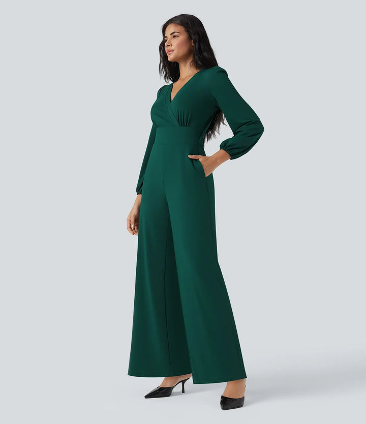 V-ringad långärmad vida ben arbetsjumpsuit med fickor-Easy Peezy Edition