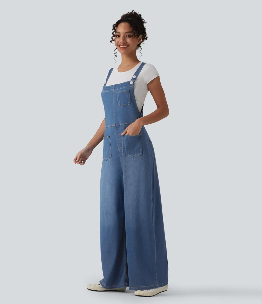Lyckera Flex justerbara axelband draperad lyocell tvättad vardaglig baggy overall med fickor
