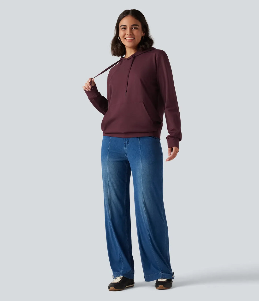 Med huva långärmad avkoppling sweatshirt med ficka