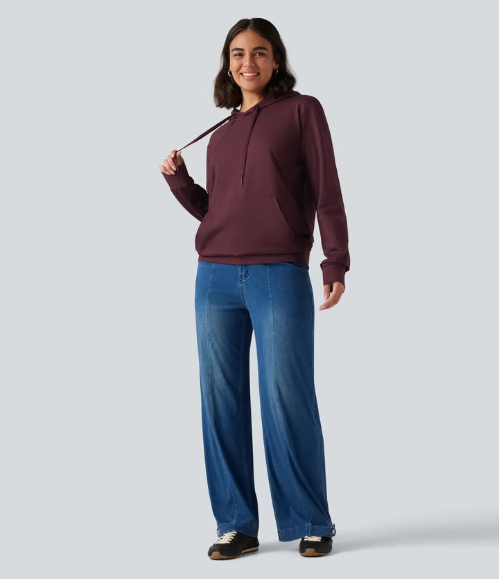 Med huva långärmad avkoppling sweatshirt med ficka