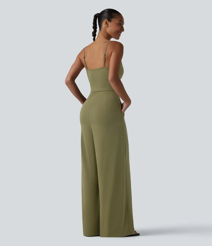 V-ringad inbyggd BH vardaglig slip jumpsuit med fickor-Easy Peezy Edition