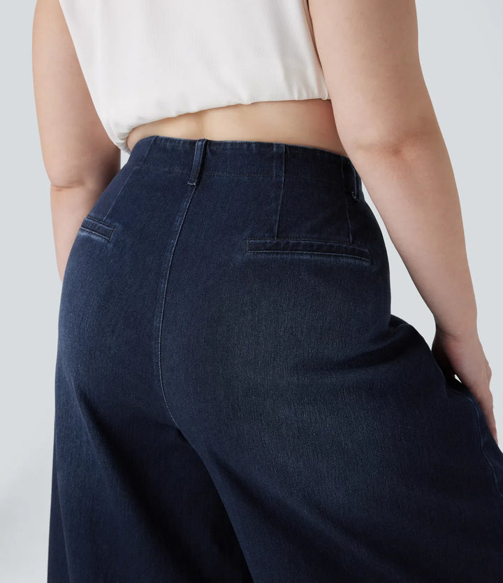 Lyckera Flex högmidjad fickor tvättad vardaglig vida ben plusstorlek jeans