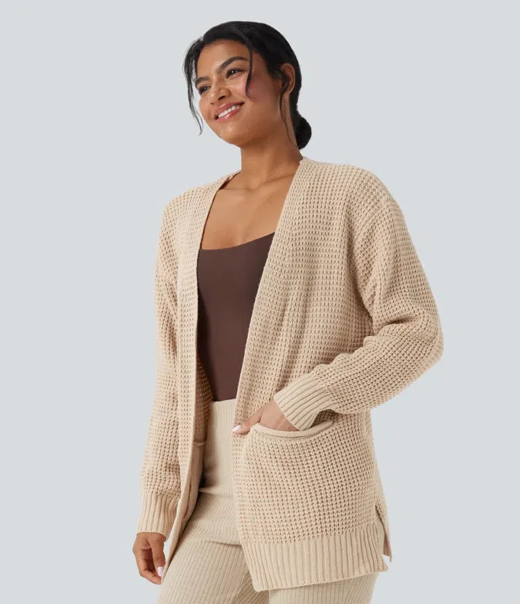 Långärmad våffelstruktur vardaglig cardigan med fickor
