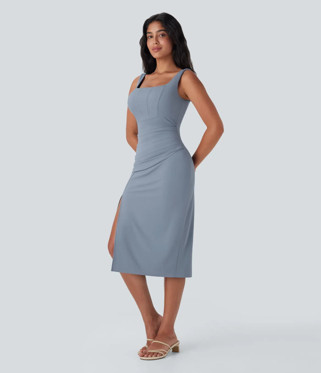 SoftlyZero Airy fyrkantig halsringning korsett rynklad figurnära midi InstantCool klänning DD-F kupor