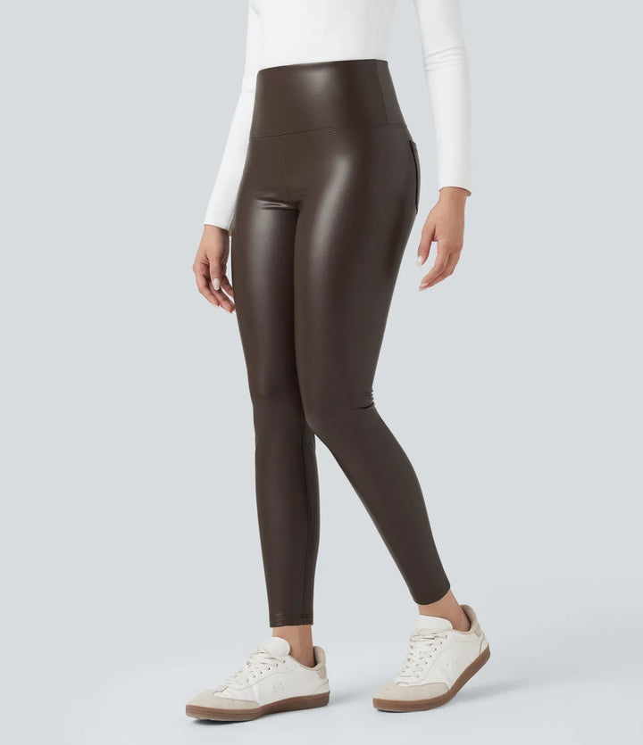 Högmidjad magkontroll stretchig PU fleece 7/8 skinny vardagsleggings med fickor