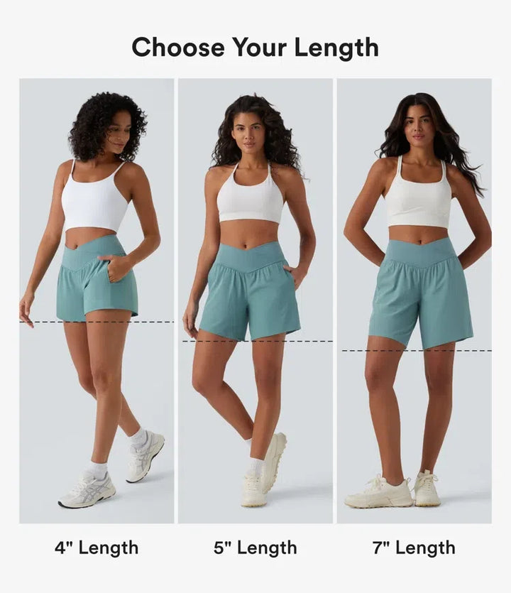 Breezeful med hög midja, omlottmidja och ficka 2-i-1 snabbtorkande yogashorts 4"