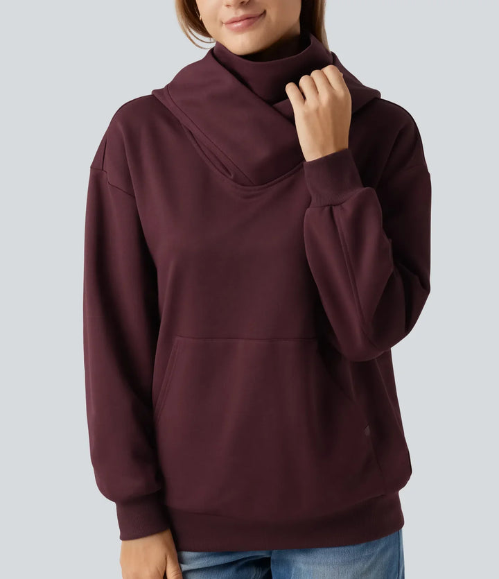 Med huva crossover nedhasad långärmad fleece vardaglig sweatshirt med ficka