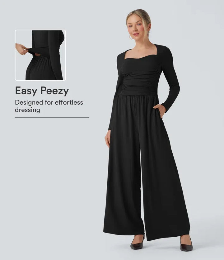 Hjärtformad urringning långärmad rynkat vardaglig jumpsuit med fickor-Easy Peezy Edition