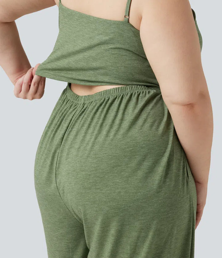 Plusstorlek inbyggd bh rynklad vida ben melerad jumpsuit för vardag med fickor – Easy Peezy-utgåva