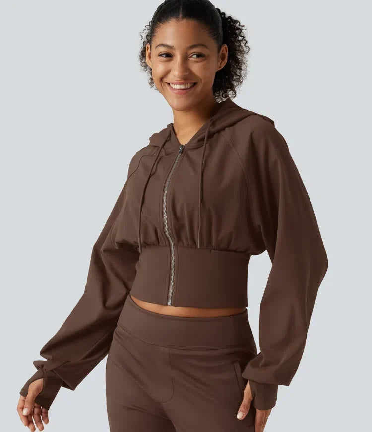 Med huva raglan ärm croppad yogajacka med dold ficka och tumhål
