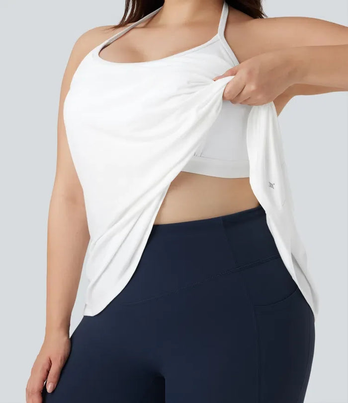 Plusstorlek SoftlyZero Airy halterneck draperad InstantCool sporttopp för yoga