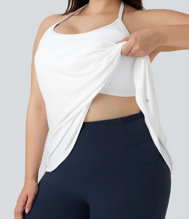 Plusstorlek SoftlyZero Airy halterneck draperad InstantCool sporttopp för yoga