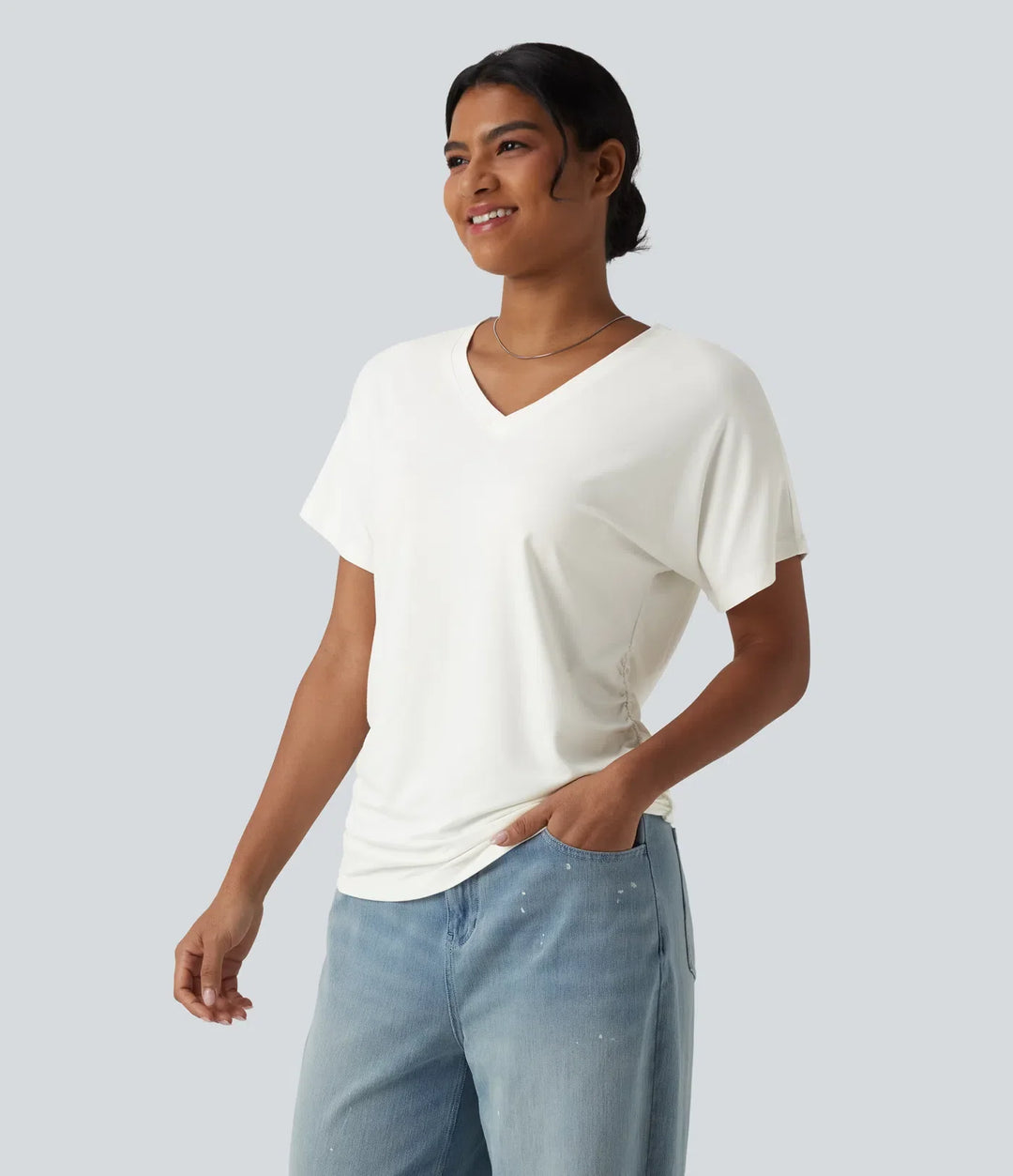 V-ringning kortärmad rynklad enfärgad T-shirt för vardag