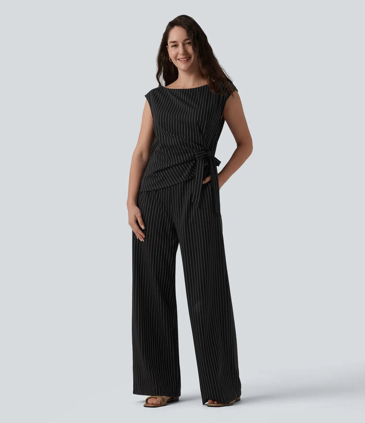 Båtringad ärmlös knytning i sidan sval känsla randig arbetsjumpsuit med fickor-Easy Peezy Edition
