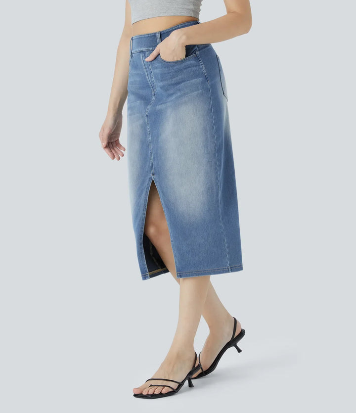 Halara Flex med hög midja och fickor figurnära tvättad denim för vardag midi kjol