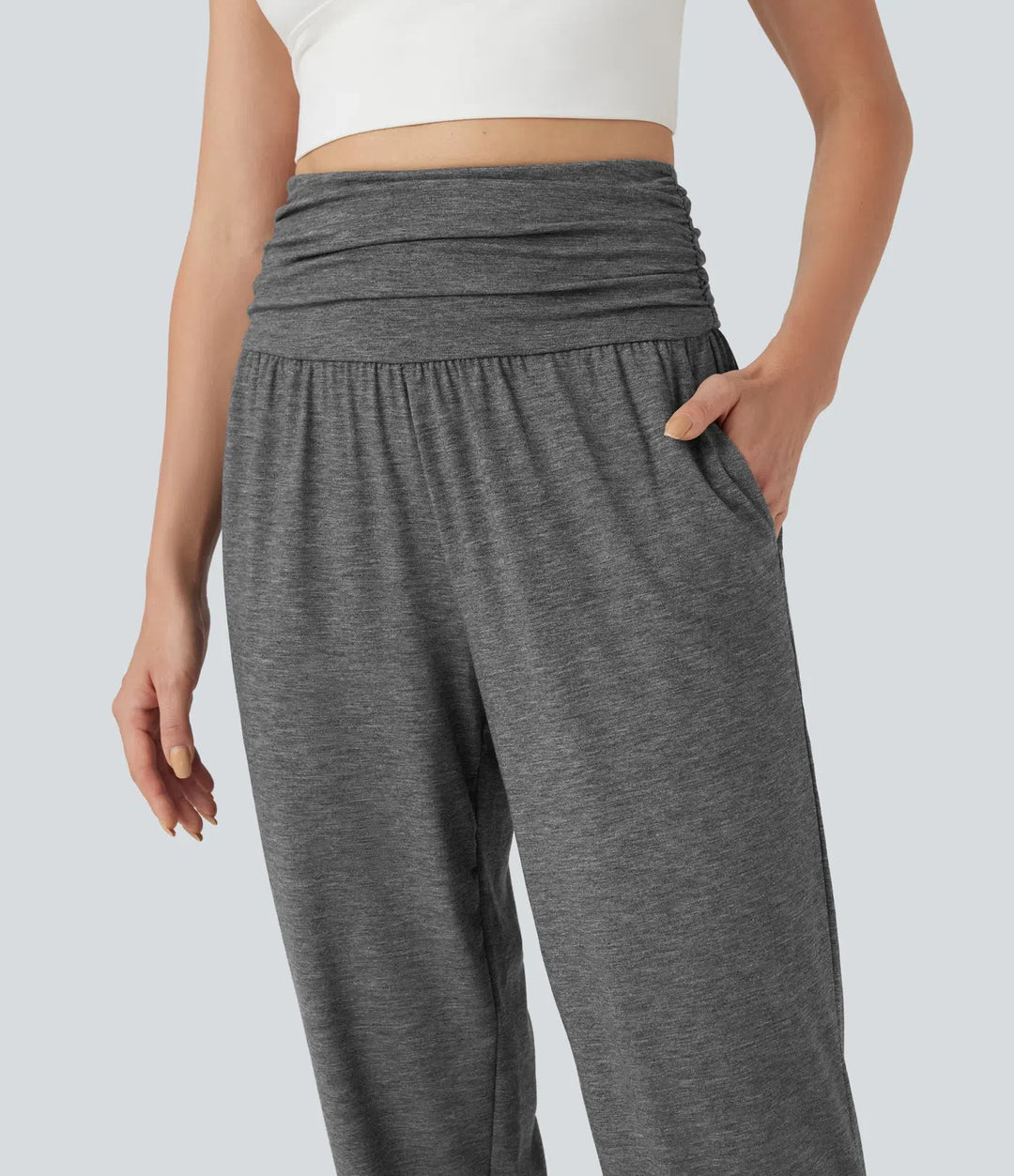 Med hög midja rynklad melerad yoga joggingbyxor med fickor