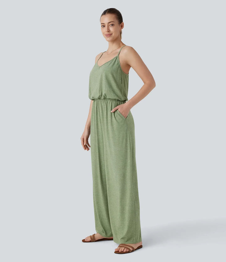 Justerbar och avtagbar rem ficka vida ben jumpsuit