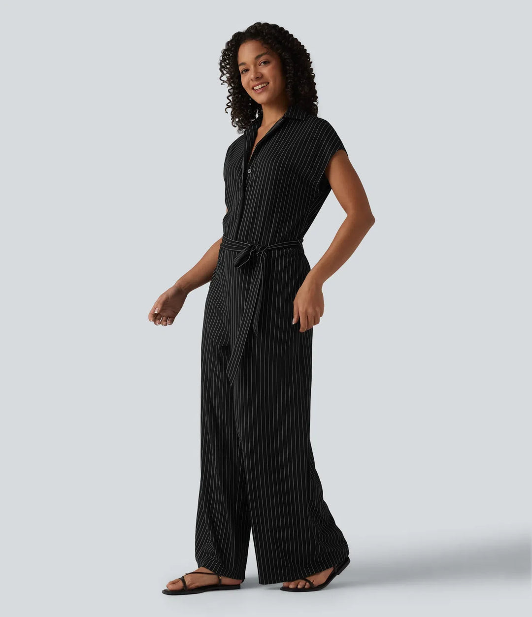 Kortärmad bältad randig InstantCool arbetsskjorta jumpsuit med fickor-Easy Peezy Edition