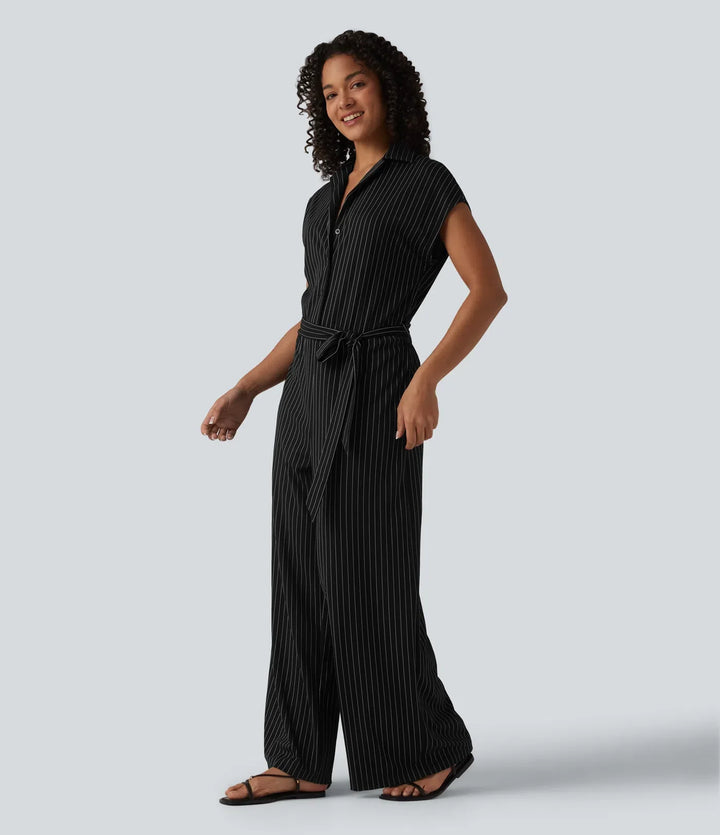 Kortärmad bältad randig InstantCool arbetsskjorta jumpsuit med fickor-Easy Peezy Edition