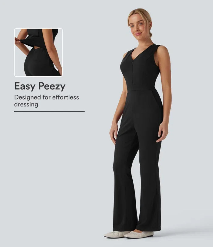 V-ringad ärmlös vardaglig bootcut jumpsuit med fickor-Easy Peezy Edition