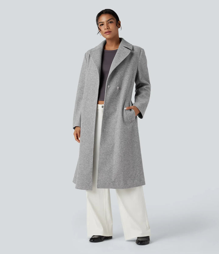 Långärmad bältad lång modell fleece vardaglig kappa med fickor